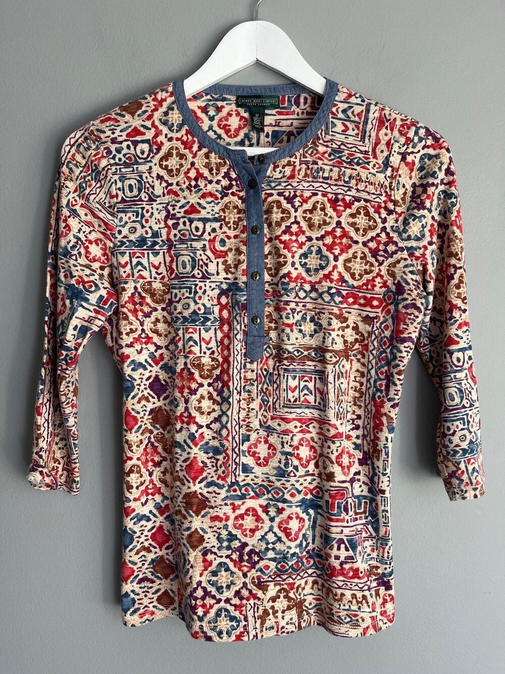 Lauren Jeans Co Ralph Lauren Women's Henley Top 3/4 Sleeve Boho Western Print M